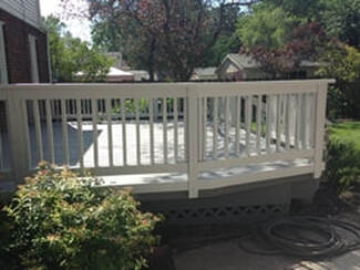 Deck Staining Solid Gray floors and skirt, with white painted railings